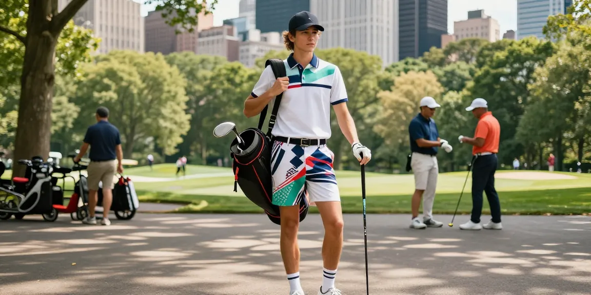 Stylish golfer showcasing 골프웨어 레플리카 outfit in urban park.