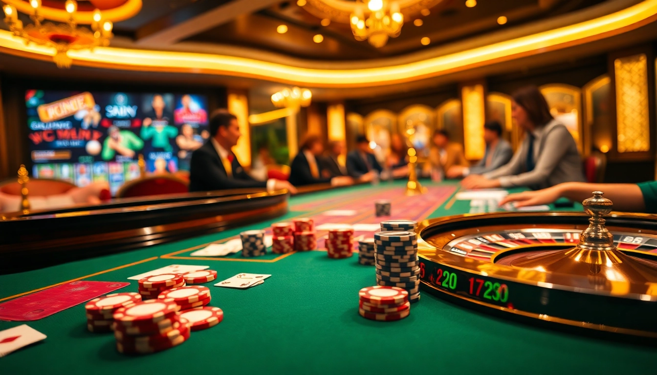 Joueurs engagés à une table de casino en ligne, profitant de jeux vibrants avec des jetons et des cartes.
