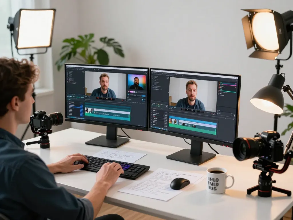 Video to prompt generator workspace with monitors showing AI video analysis and creative notes, highlighting productivity and innovation.