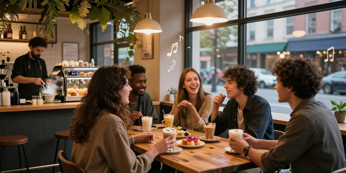 Friends enjoying artisan drinks in vibrant urban cafe, representing community connection at https://forumup.org/shop/search.php?ca_id=&addr1=&addr2=&addr3=&schKeyword=.