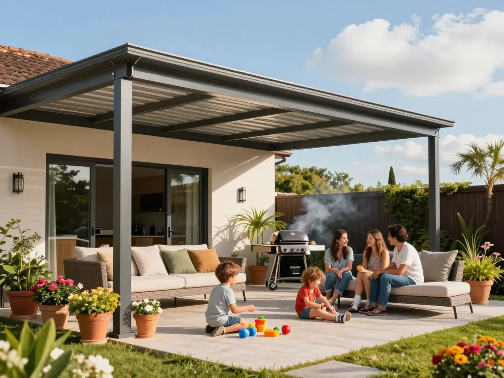 Familie genießt die Zeit im Freien unter einer stilvollen Terrassenüberdachung in einem schönen Garten.