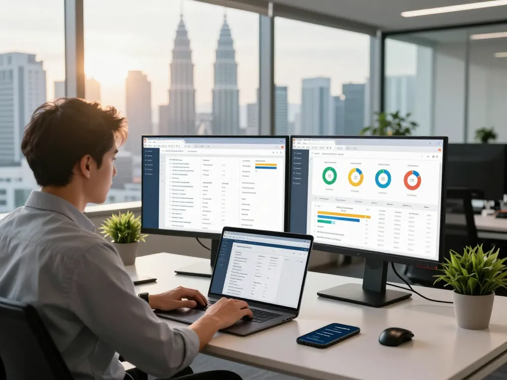 Freelance SEO services Kuala Lumpur professional analyzing website traffic in modern office with city skyline.