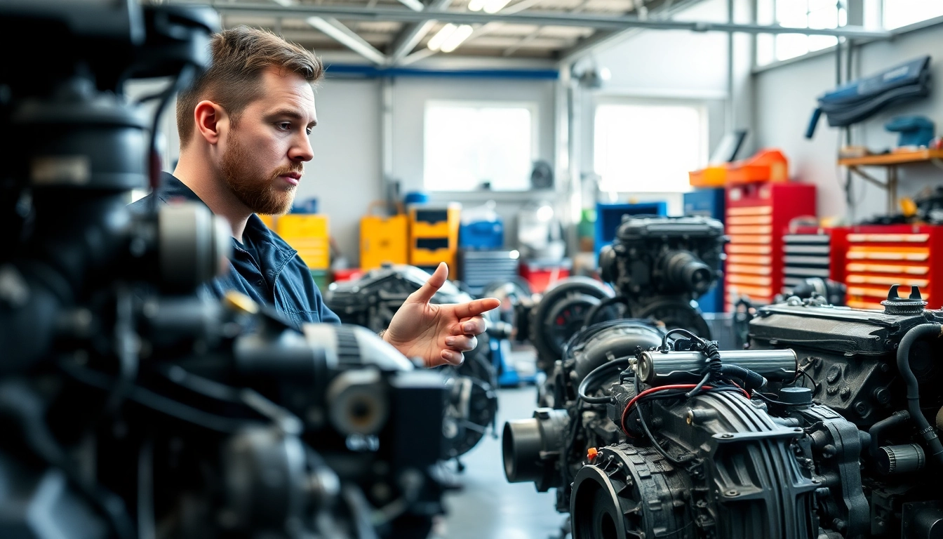 Mechanic examining used engines in a workshop environment, showcasing expert technical insights.