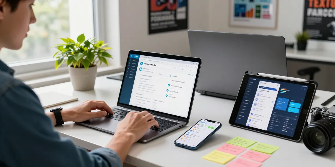 A user engaging with 纸飞机下载 on multiple devices in a modern tech workspace, showcasing efficiency in digital communication.