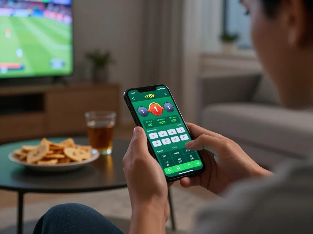 Engaging in online sports betting on rr88 app at home, highlighting strategy and excitement in a cozy setting.
