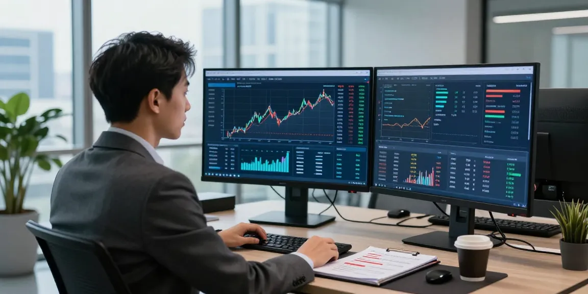 Financial crime intelligence analysis in a corporate setting, showing an analyst at work with data visualizations.