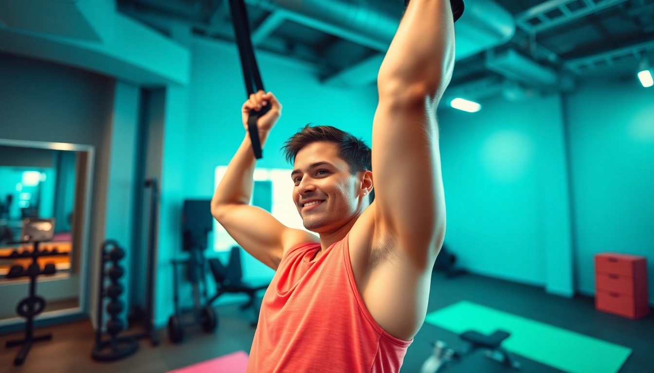 Active individual using a pull-up assist band in a vibrant gym setting.