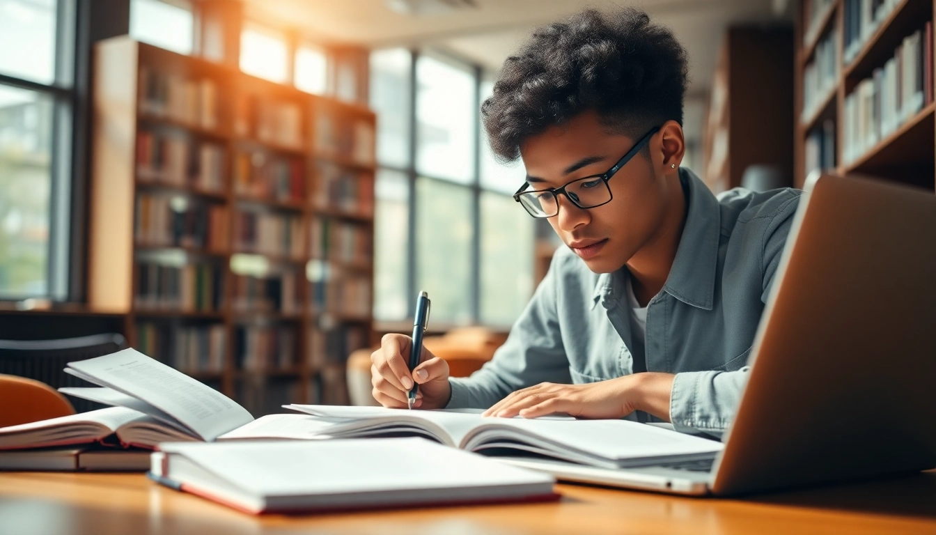 Exam support for students in a bright library, focusing on study materials and motivation.