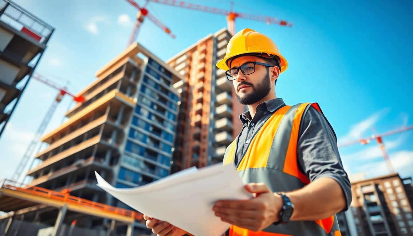 New York Commercial General Contractor reviewing plans for a high-rise project in daylight.