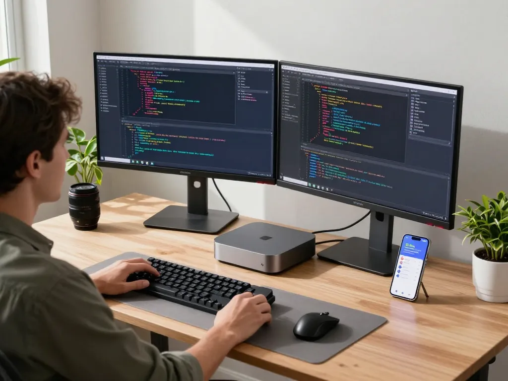 Developer coding with a Mac mini in a modern workspace, showcasing productivity and tech integration.