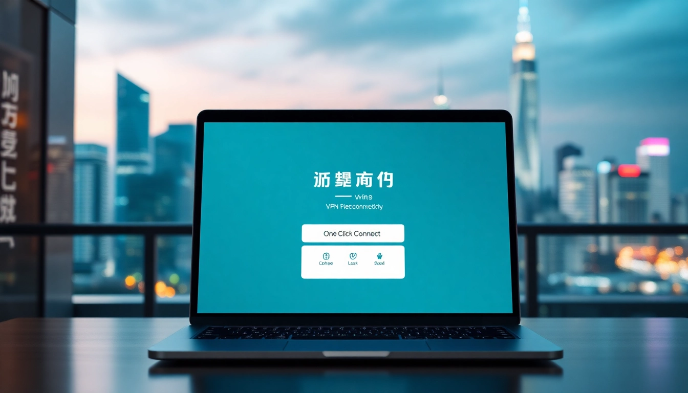 笔记本电脑上的快连 VPN 界面，背景为城市天际线，展示全球互联与安全。