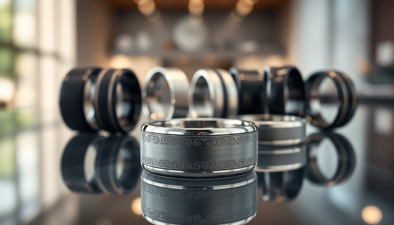 Tungsten rings showcased elegantly on a glass surface with intricate designs.