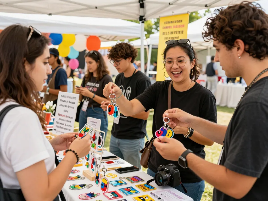 Custom acrylic keychains displayed at an artist booth in a vibrant marketplace, showcasing colorful designs and community interaction.