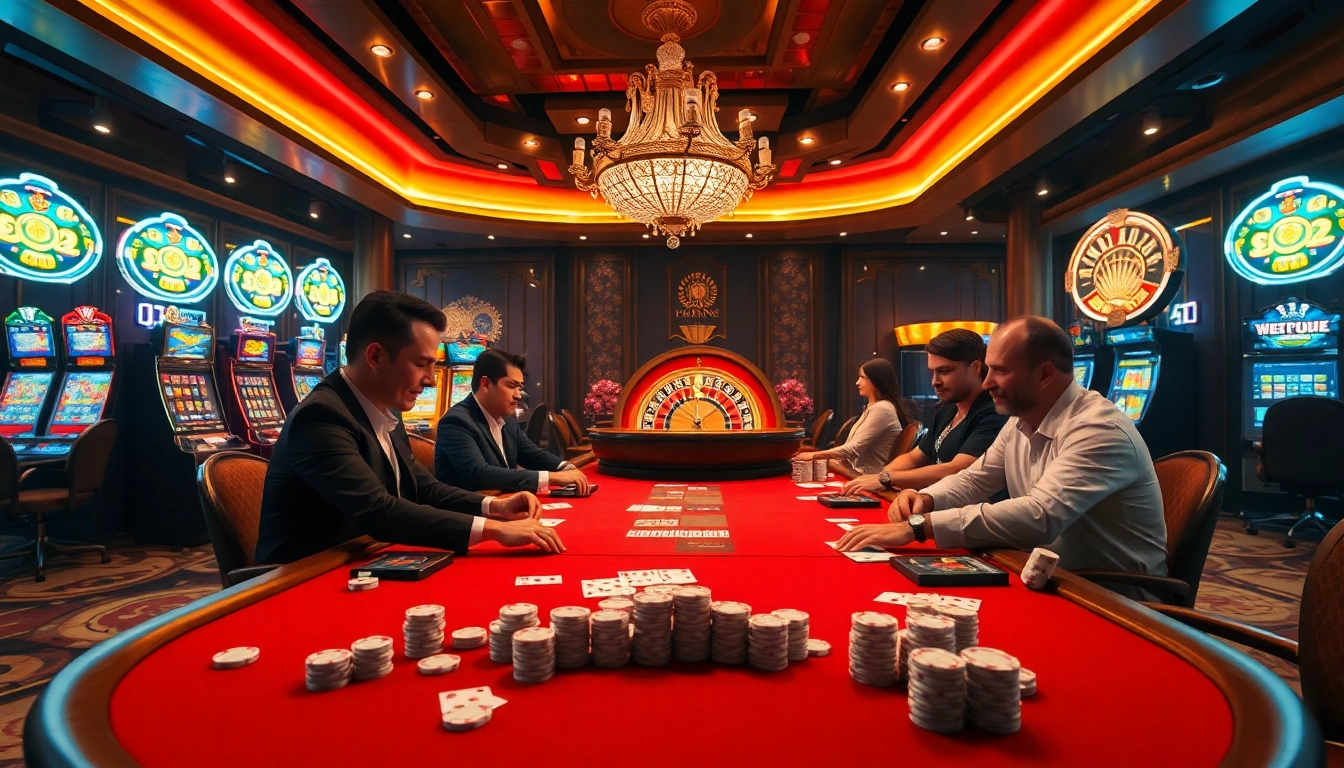 Engaging poker players at a luxurious casino featuring the vn168 excitement, colorful slot machines, and a roulette wheel.