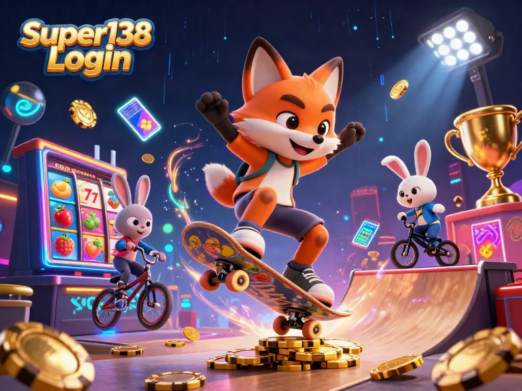 Watch the 3D cartoon skateboarder fox perform a kickflip at Super138 Login with vibrant slot elements.