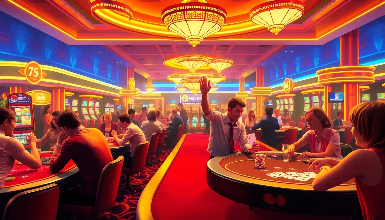 Bermain di meja ibet44 dengan suasana kasino yang meriah dan penuh warna.