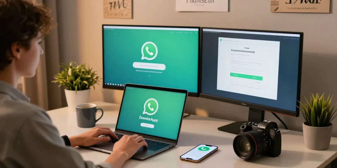 Downloading WhatsApp下載 on a laptop in a modern home office setting.