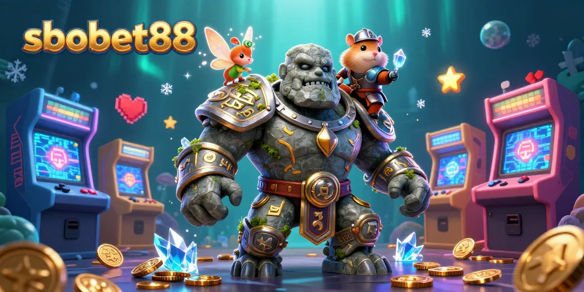 Engage with sbobet88's dynamic gaming scene featuring a golem guardian and magical elements.
