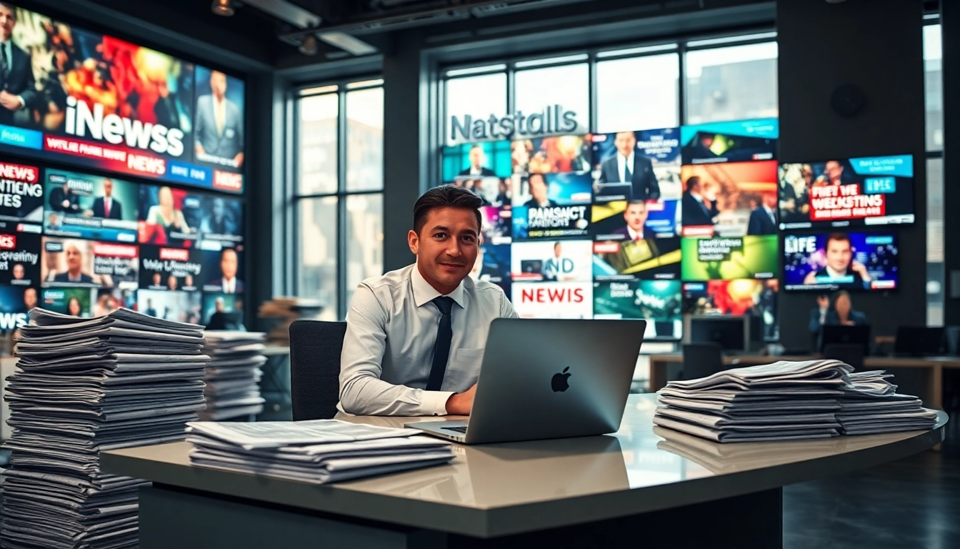 News reporter analyzing breaking news stories in a vibrant newsroom.