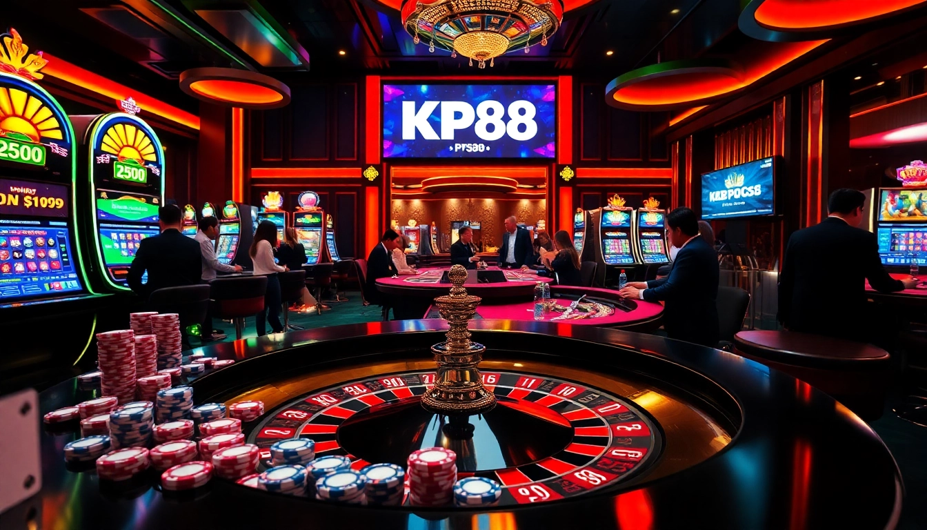 Experience the thrill of KP88's vibrant casino atmosphere with players engaging in roulette and slot machines.