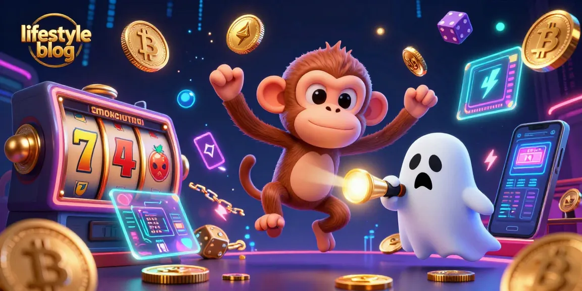 Engage with this lifestyle blog illustration featuring a playful ghost-hunter puppy tracking a mischievous monkey in a vibrant casino scene.