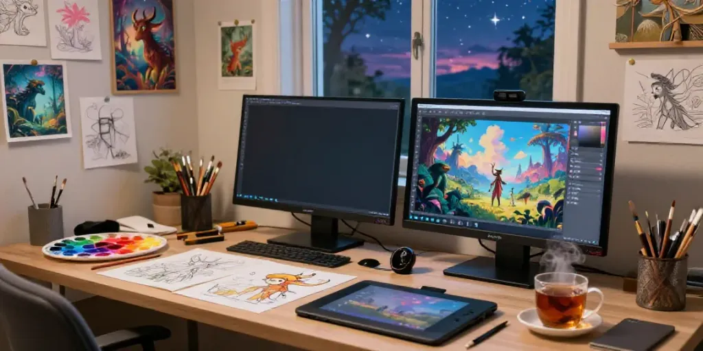 Creating captivating visuals with an online AI fantasy art generator in a cozy art studio.