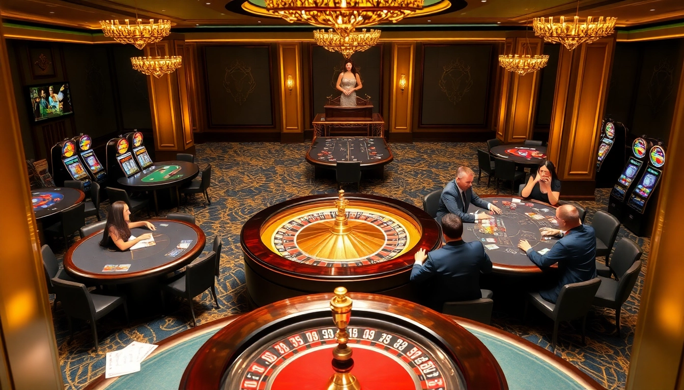 Des joueurs engagés profitant de jeux excitants dans un casino en ligne luxueux.