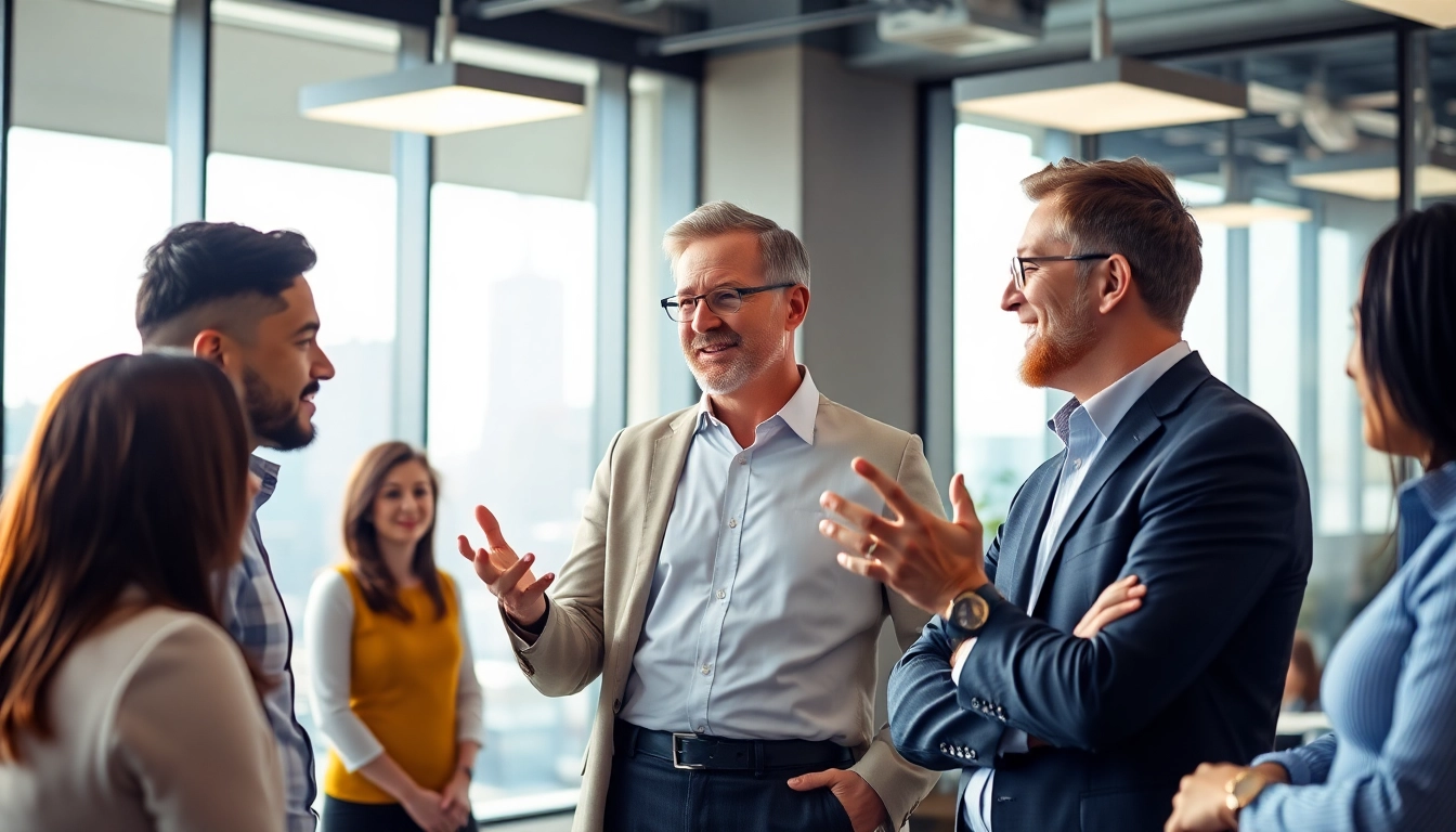 Engaging discussion on founder leadership insights with a leader and a diverse team in a modern office.