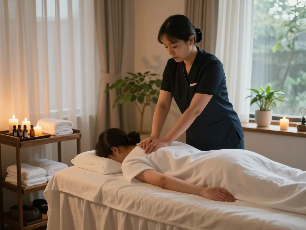 동대문스웨디시 마사지 요법으로 편안한 스파 트리트먼트, 평화로운 환경, 부드러운 조명, 진정되는 분위기.