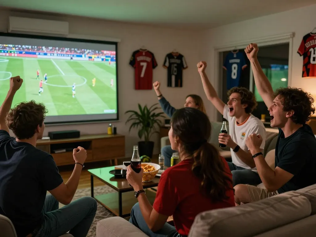CakhiaTV live football viewing party with friends cheering and enjoying the match.