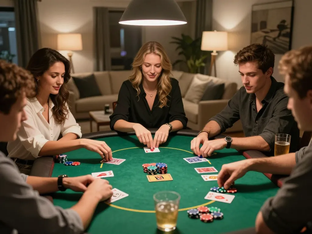 Engaged players enjoying เว็บสล็อต in an exciting home poker game with strategic gameplay.