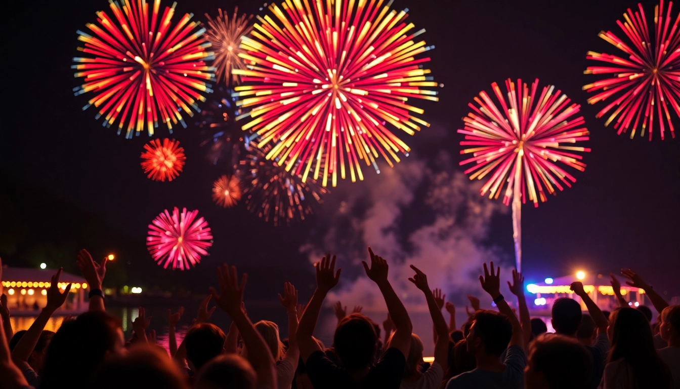 Families enjoying cheap fireworks near me during a vibrant outdoor celebration at night.