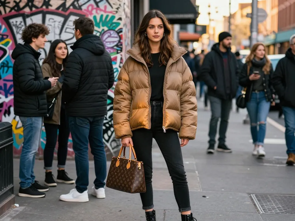 Stylish woman in trendy outfit showcasing high-quality 레플리카 designer handbag in vibrant urban setting.