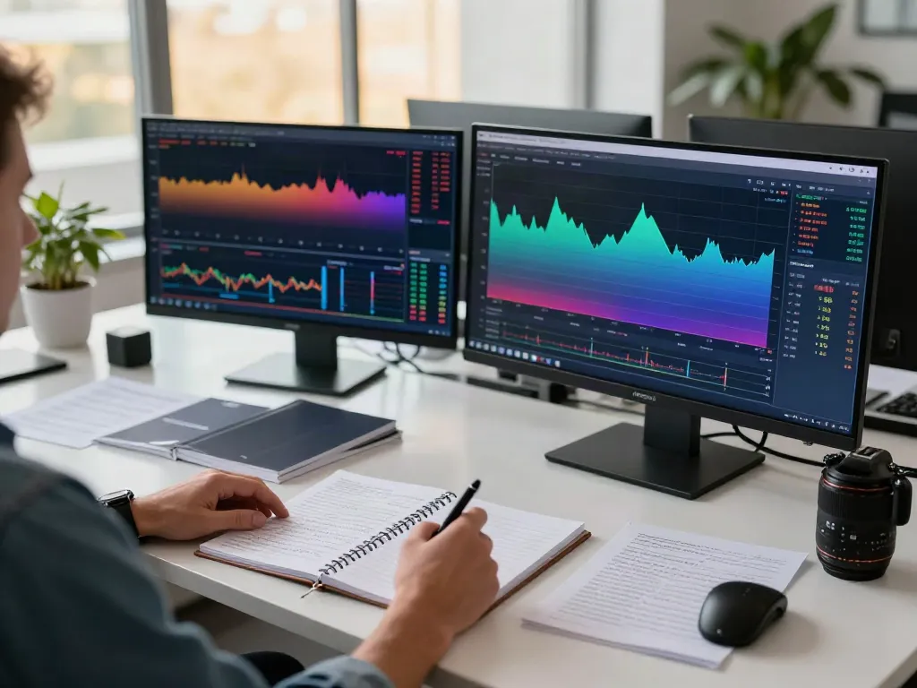 Focused trader analyzing TradingView charts in a modern office setup.