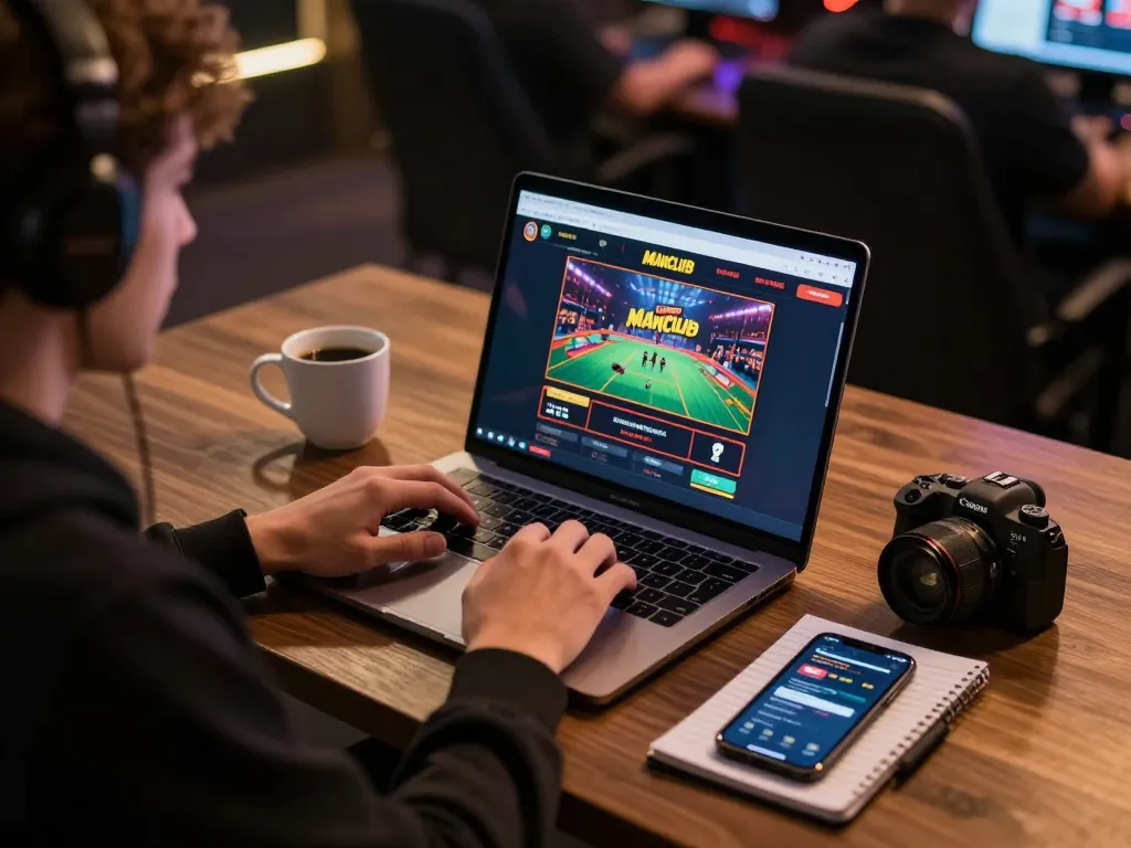 Manclub user placing bets on an online casino during a focused gaming session at home.