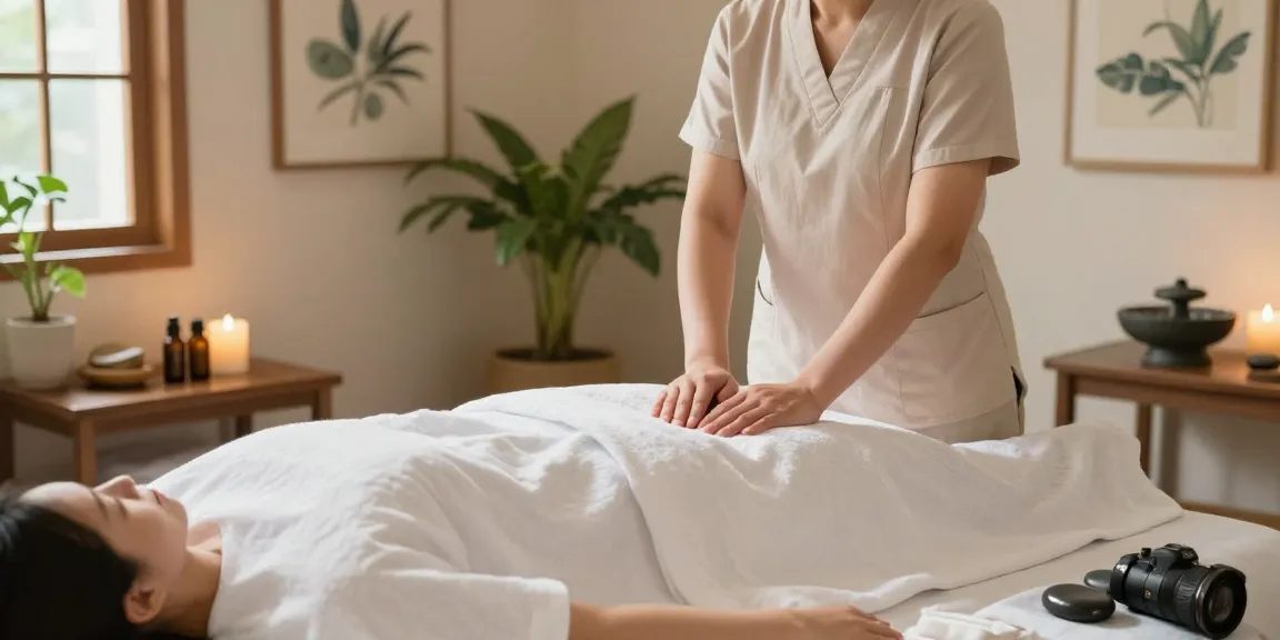 Revitalizing 구로마사지 in a tranquil wellness studio with relaxing ambiance and soothing elements.
