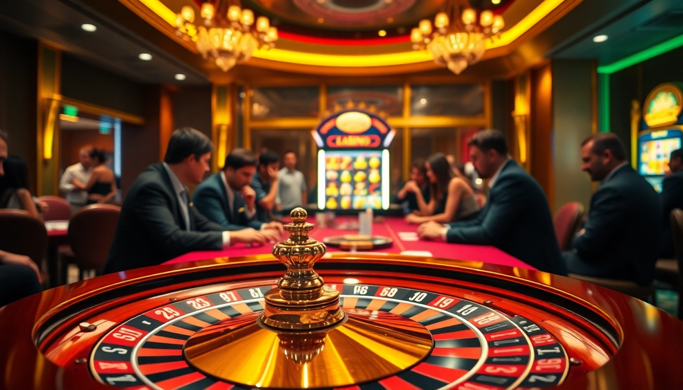 Découvrez l'excitation du casino en ligne avec des tables de poker et des roues de roulette dans un cadre luxueux.