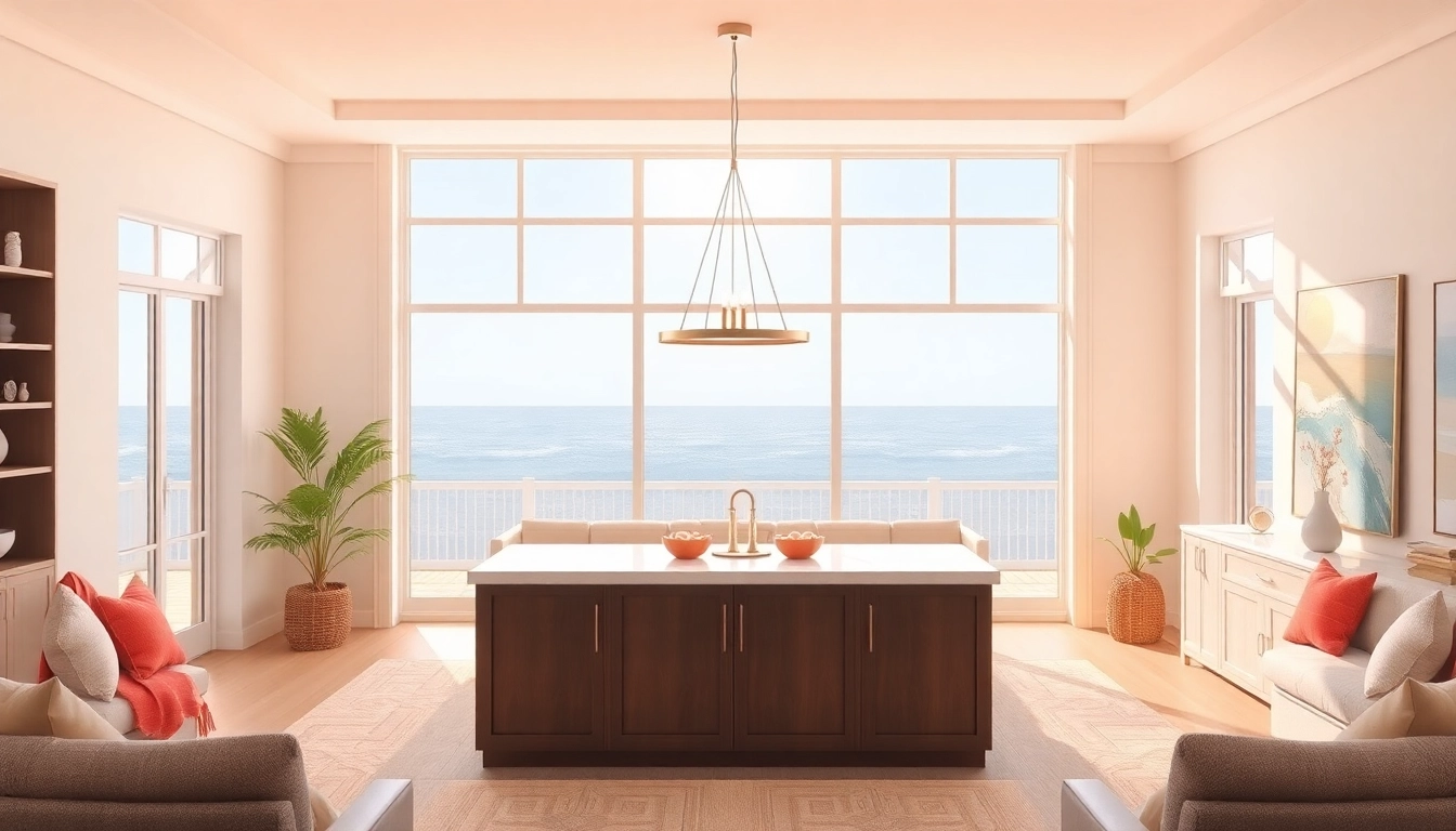 Bright island light illuminating a coastal living room with natural sunlight.