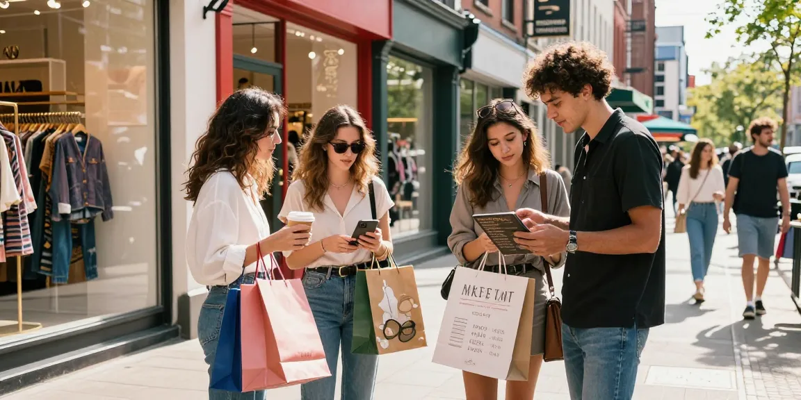 Friends enjoying shopping and café culture on a vibrant city street, reflecting urban lifestyle trends.