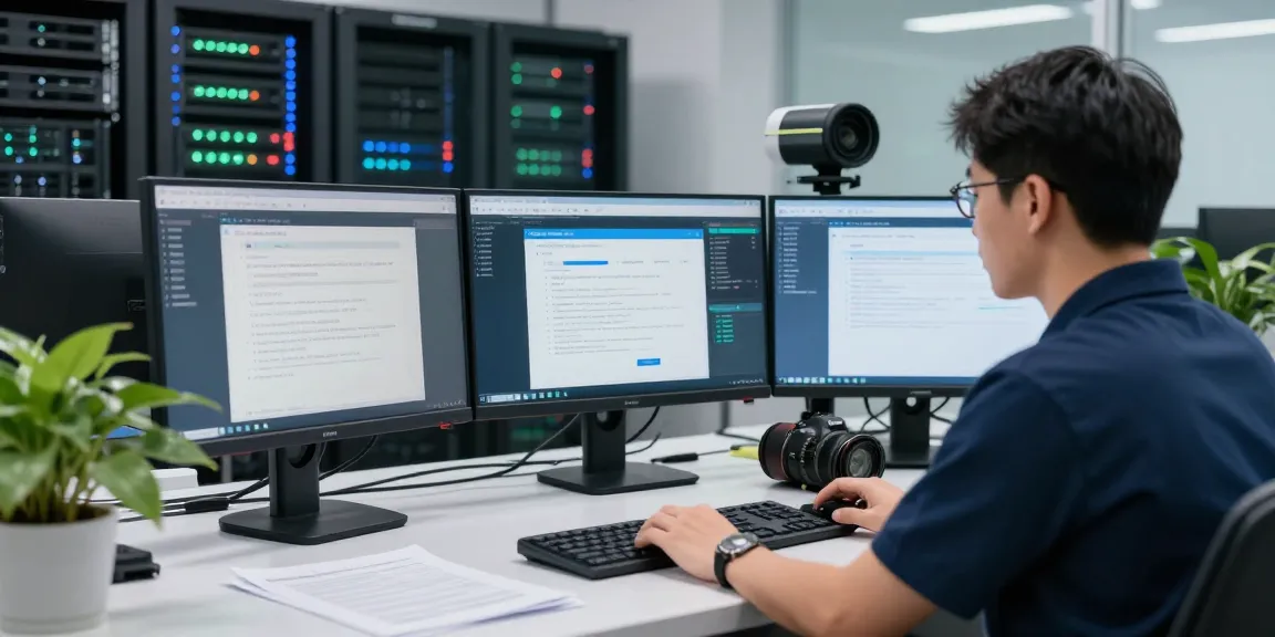 Technician analyzing security protocols on shs-dome5.com in a high-tech workspace.