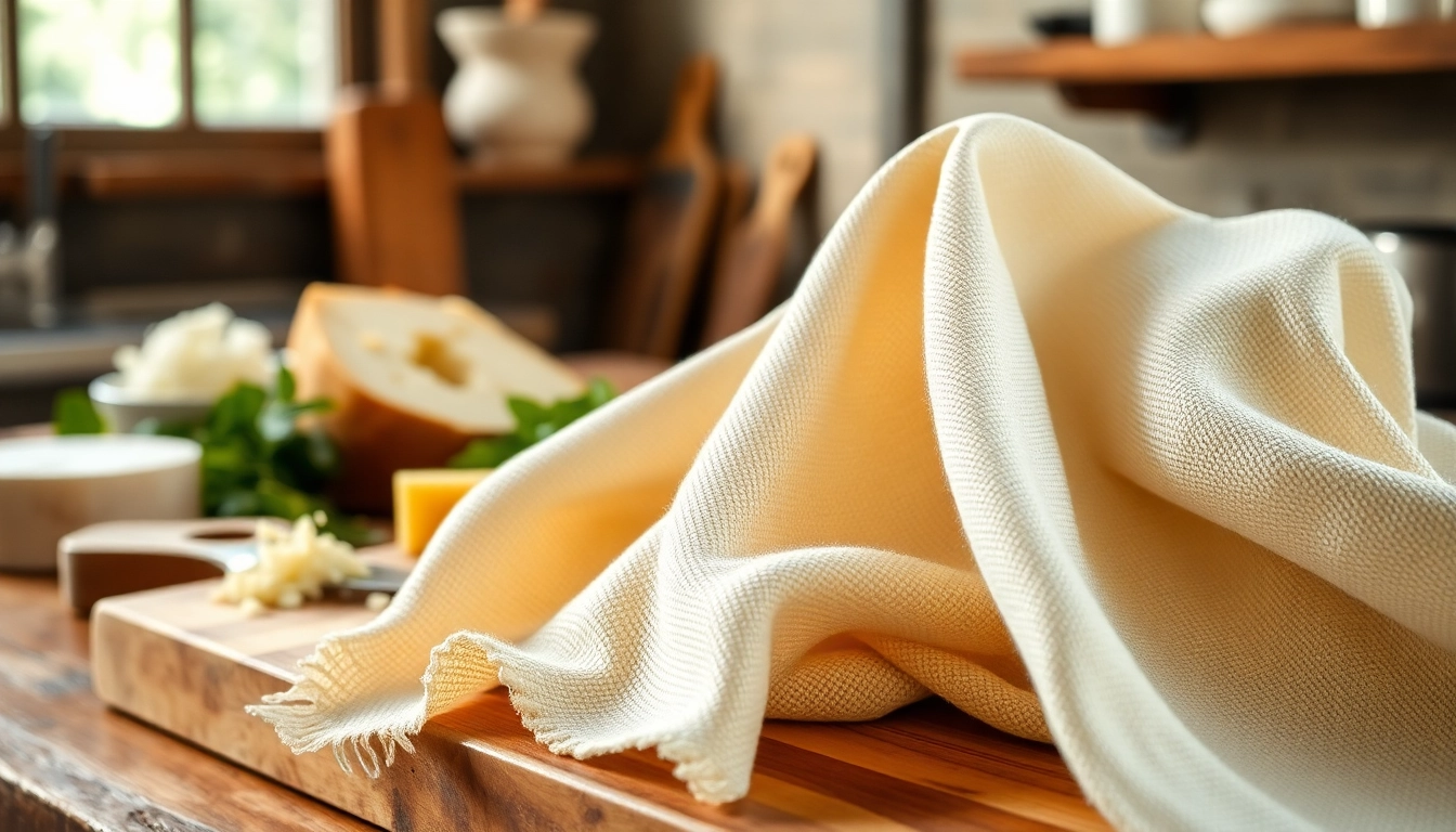 Kaasdoek prachtig opgesteld in een rustieke keuken met verse ingrediënten.