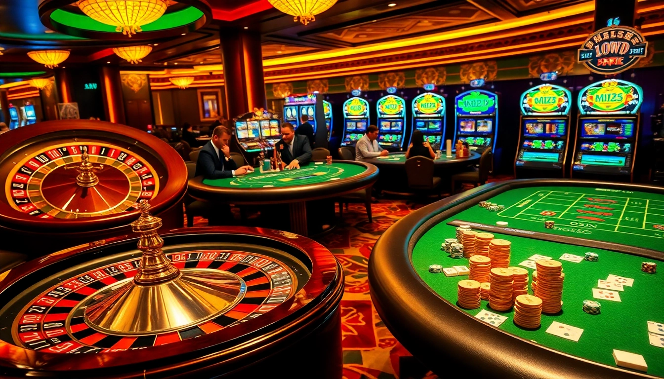 A thrilling casino scene at https://mm88.co.in/ featuring engaging poker tables, a vibrant roulette wheel, and bright slot machines.