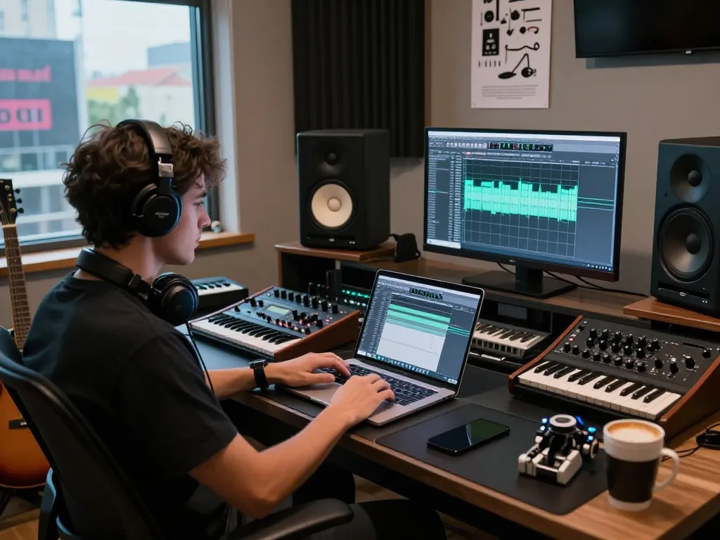 Music producer using SC88 sound module in modern studio setup with audio equipment and natural lighting.