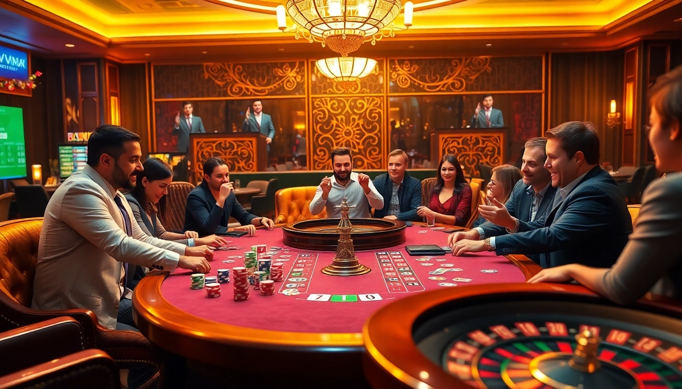 Players enjoying high-stakes poker at VMAX, showcasing vibrant chips and cards in an elegant casino atmosphere.