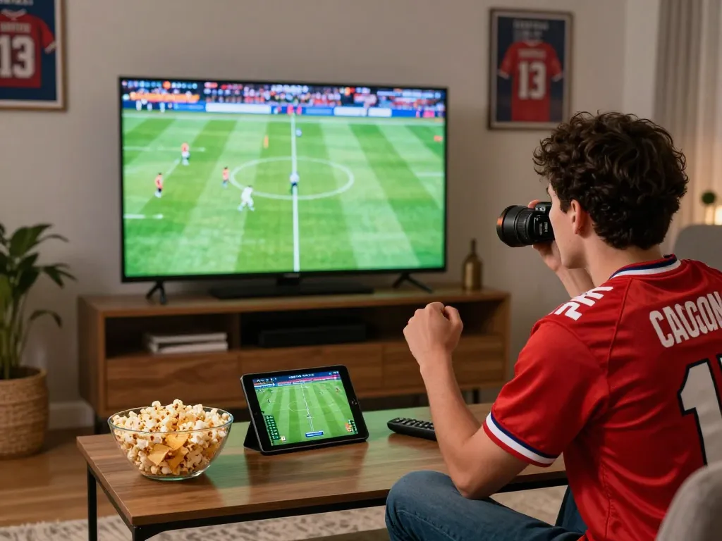 Cakhiatv football fan enjoying a live match in a cozy room with snacks.