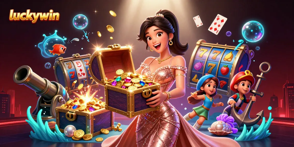 Win big with luckywin at this vibrant online casino illustration showing treasure and excitement.