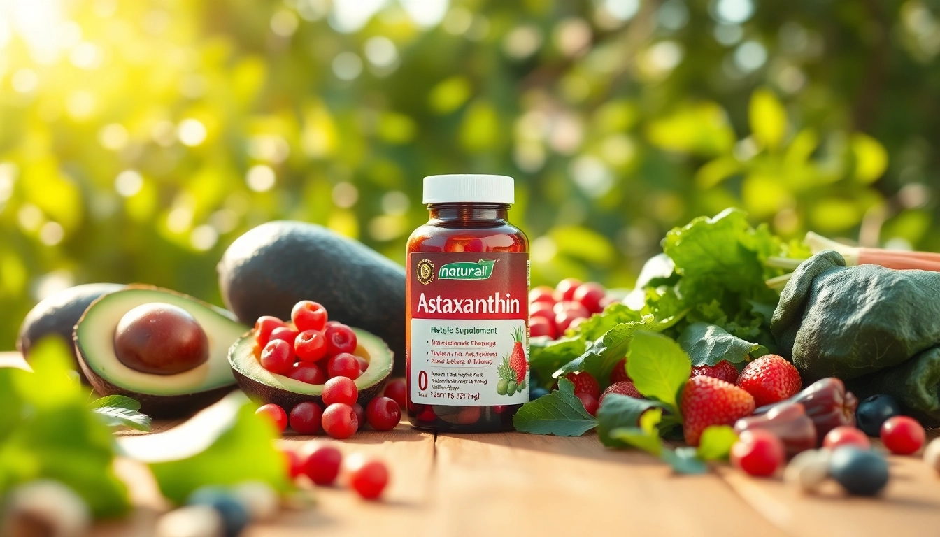 Enhance wellbeing with natural astaxanthin Canada surrounded by healthy foods.