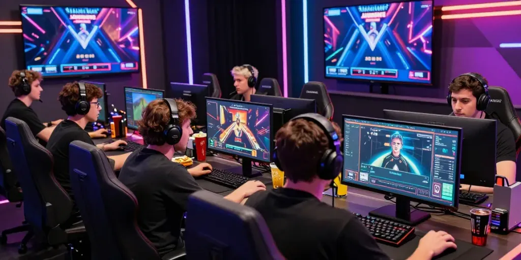 Players engaging in DJARUMBOS live gaming tournament with vibrant screens and competitive atmosphere.