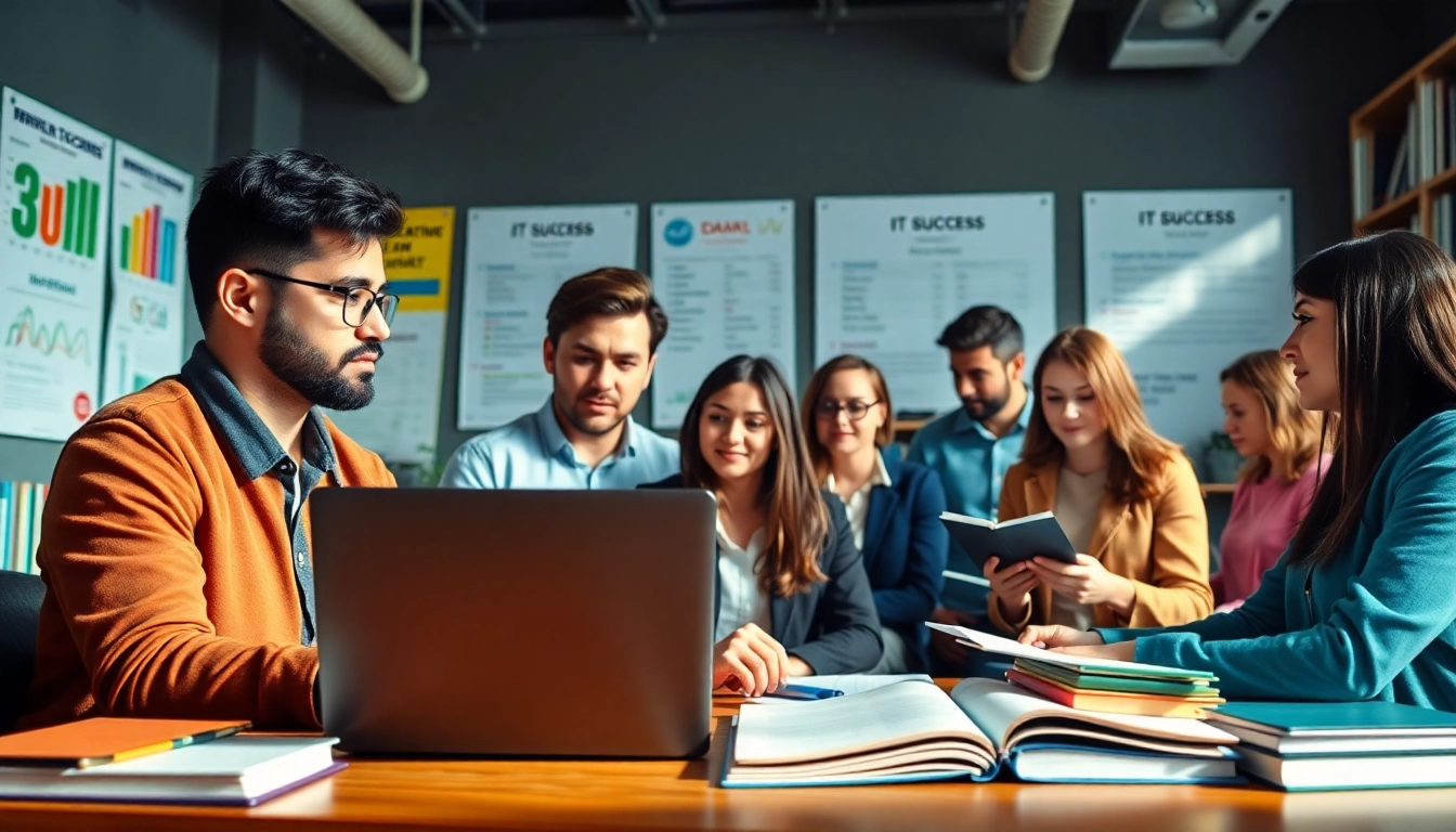 Individuals collaborating to pass IT certification exams in an inspiring study environment.