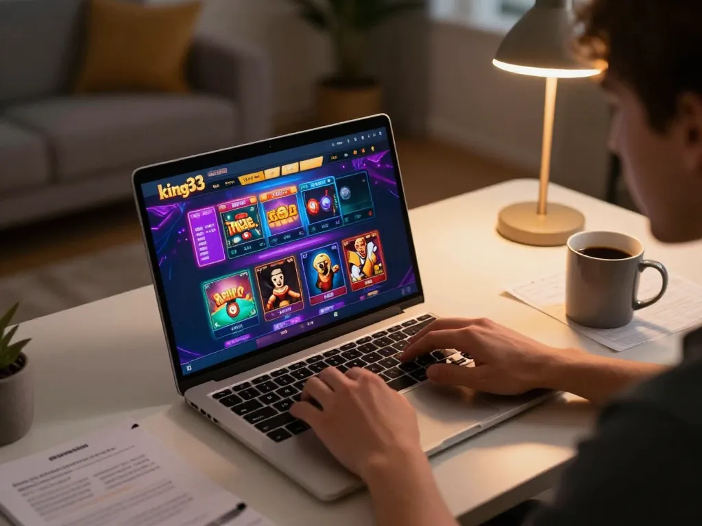 Engaging user enjoying online casino at king33 on laptop with vibrant game visuals.